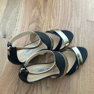 Jimmy Choo Black and Gold Gladiator Wedge Sandals